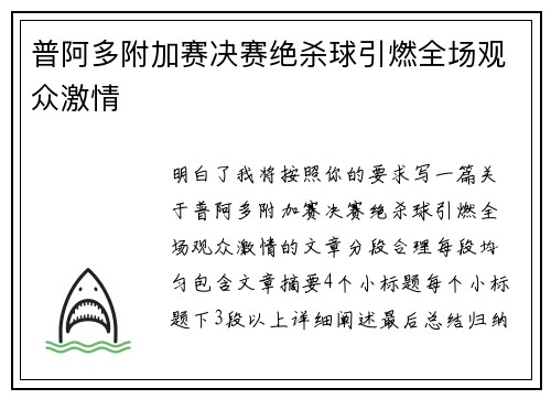 普阿多附加赛决赛绝杀球引燃全场观众激情