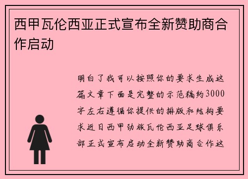 西甲瓦伦西亚正式宣布全新赞助商合作启动