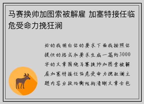 马赛换帅加图索被解雇 加塞特接任临危受命力挽狂澜